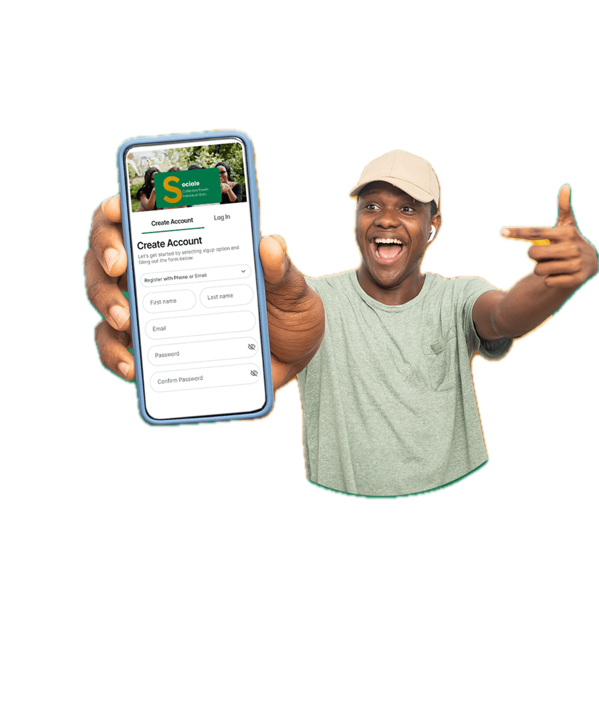 Excited user showing Sociale app signup